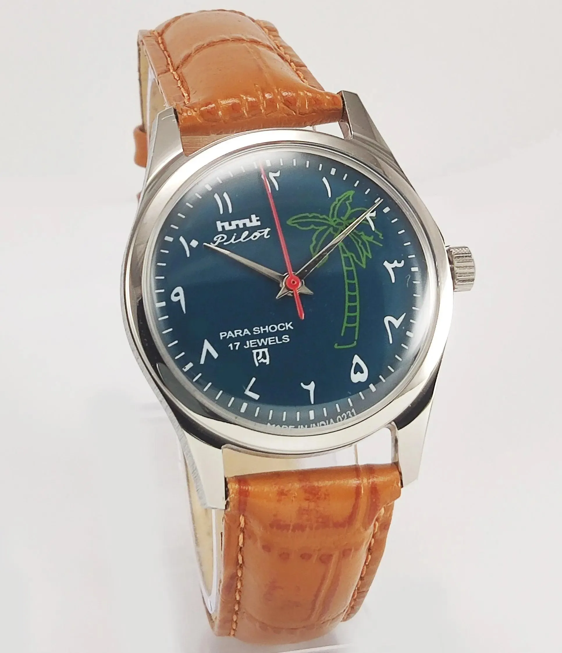 HMT Pilot Para Shock 17 Jewels Green Urdu / Arabic Dial Transparent Back Mechanical Hand winding Men's Wrist Watch