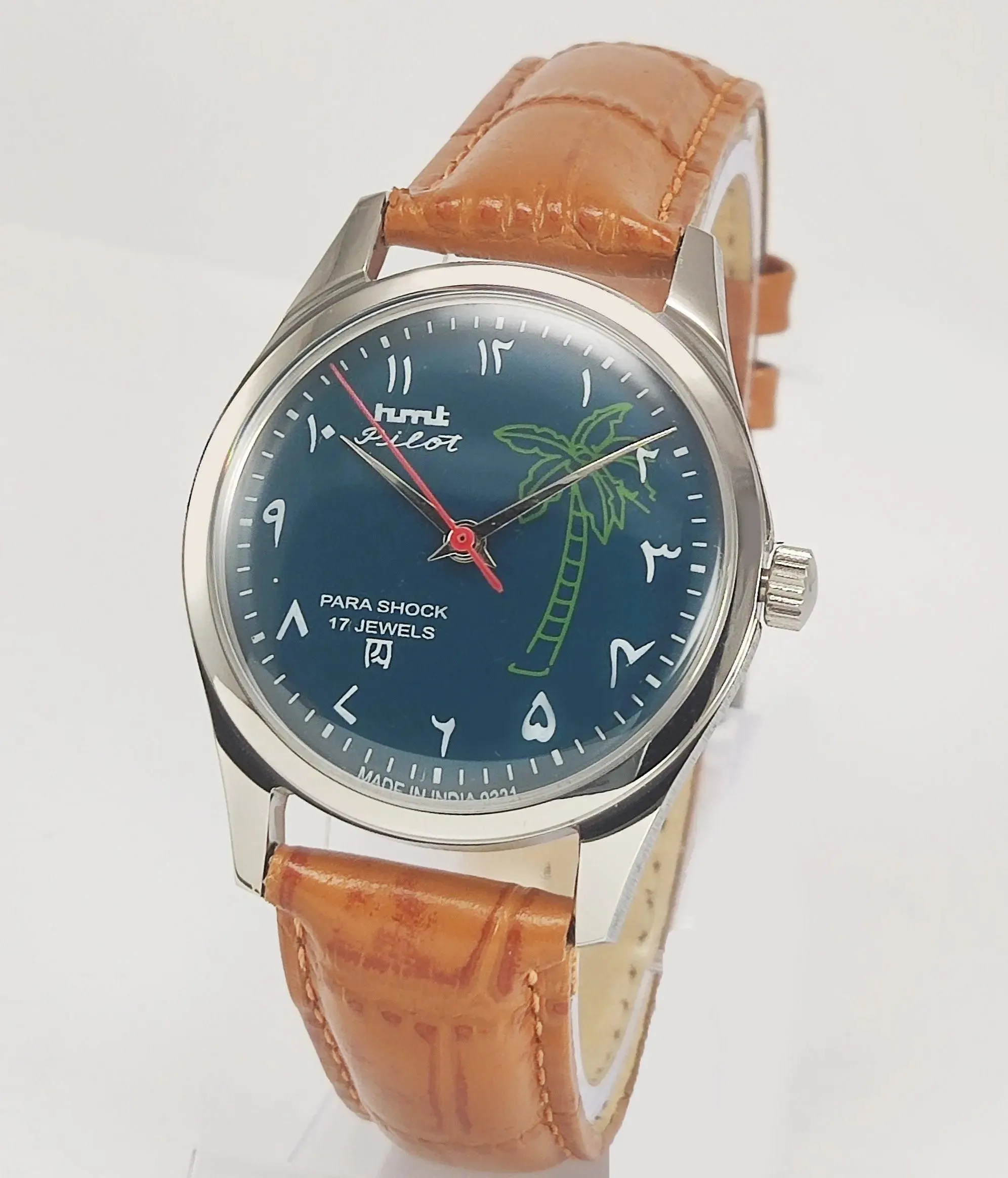 HMT Pilot Para Shock 17 Jewels Green Urdu / Arabic Dial Transparent Back Mechanical Hand winding Men's Wrist Watch