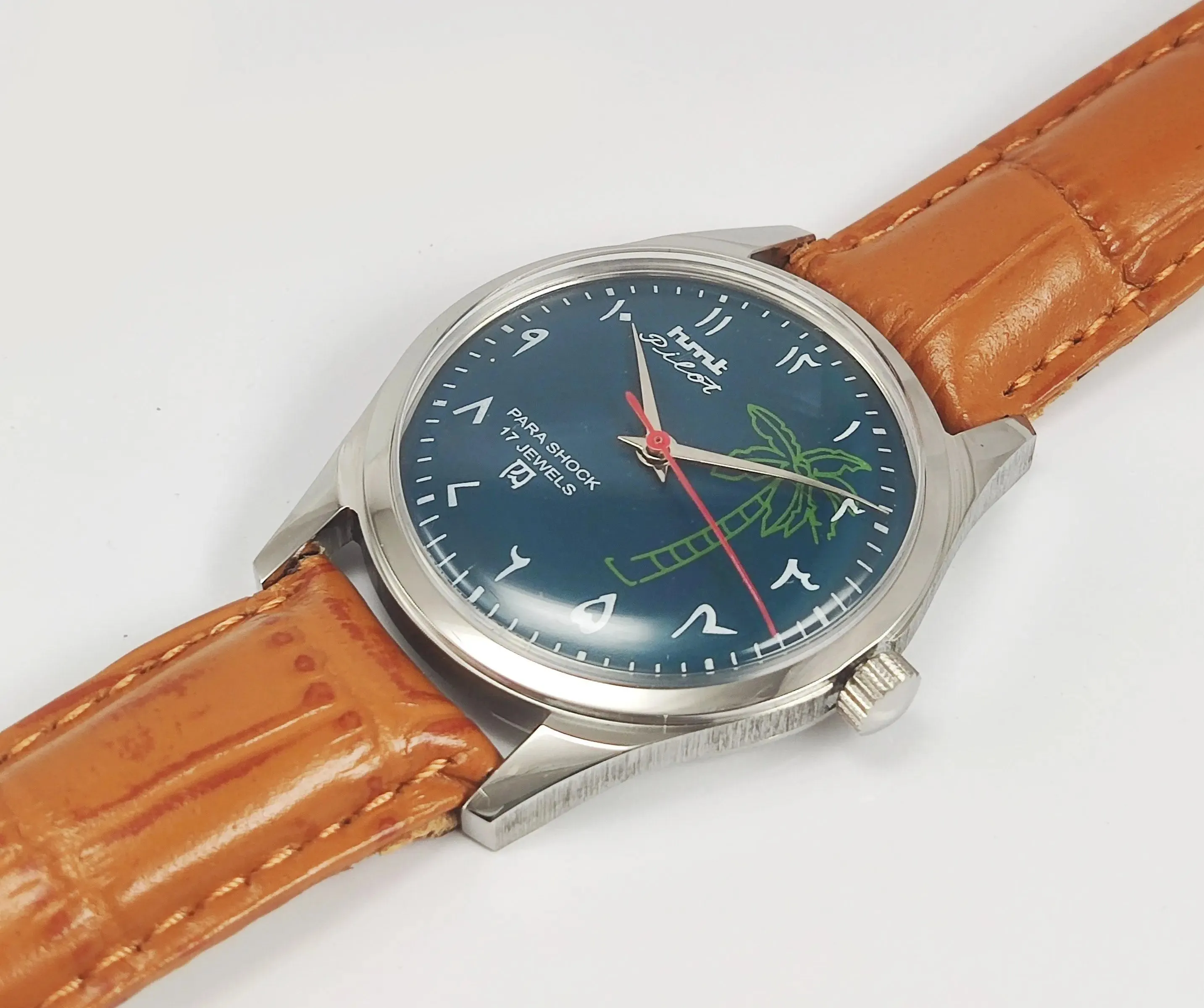 HMT Pilot Para Shock 17 Jewels Green Urdu / Arabic Dial Transparent Back Mechanical Hand winding Men's Wrist Watch
