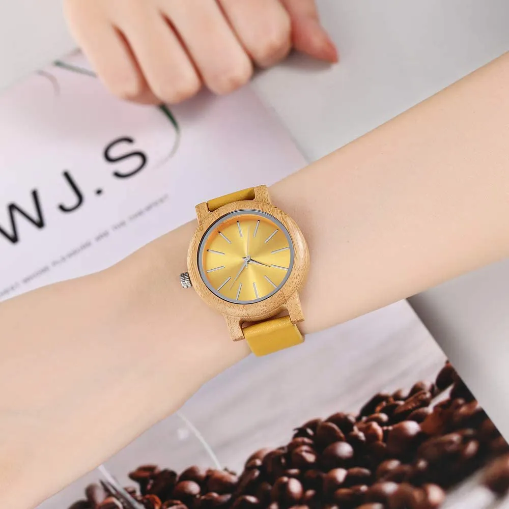 Japanese Quartz Movement carbonized Bamboo Colors Leather Wooden Watch for Women