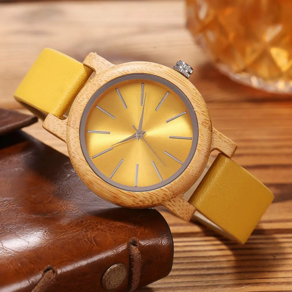 Japanese Quartz Movement carbonized Bamboo Colors Leather Wooden Watch for Women