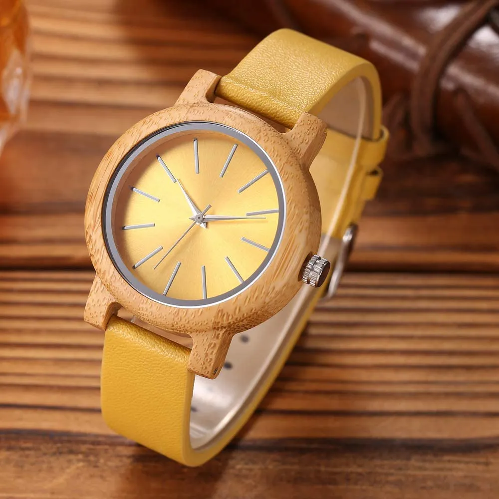 Japanese Quartz Movement carbonized Bamboo Colors Leather Wooden Watch for Women