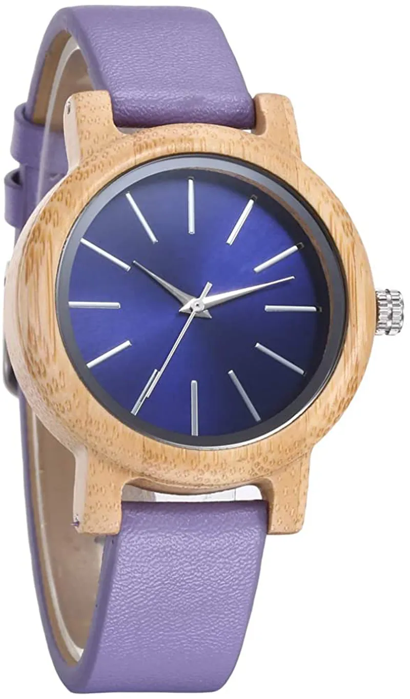 Japanese Quartz Movement carbonized Bamboo Colors Leather Wooden Watch for Women