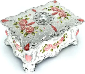 Jewelry Chest Rose Pastoral Style Metal Box Trinket Vintage Trinket Gemstone Storage Tray Treasure Ring Earrings Necklace Souvenir Gift Case for Girls Woman Ladies (White Pink Golden, Large)