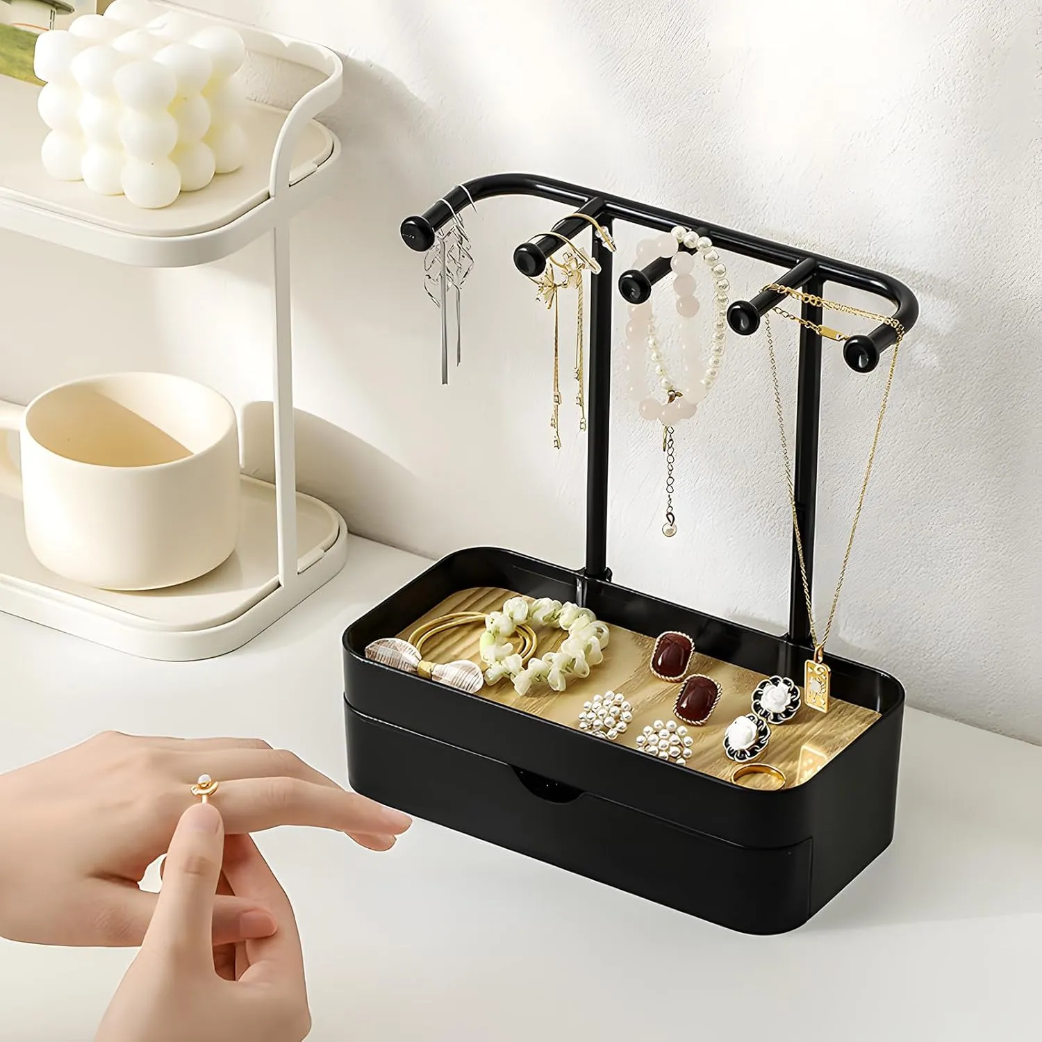 Jewelry Organizer Stand, Necklaces Holder with Wooden Tray, Necklace Display Stand Jewelry Storage Hooks for Necklace, Bracelets, Earrings, Ring, Keys, Watches (Black-Double)