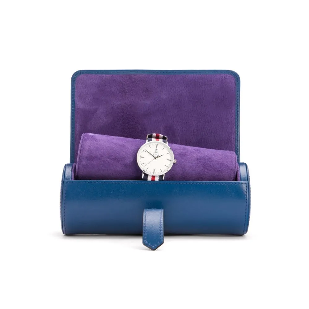 Large Leather Watch Roll - Cobalt With Purple