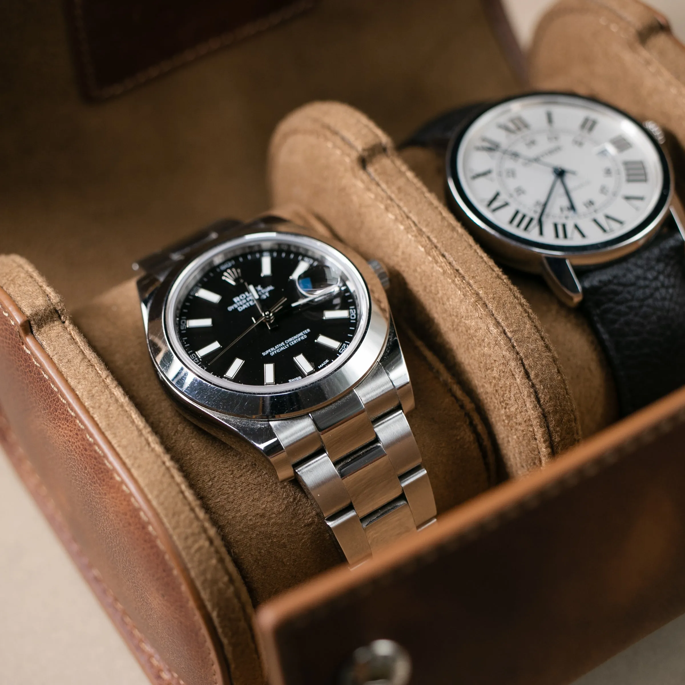 Leather Travel Watch Case - Tobacco - Double Watch Roll