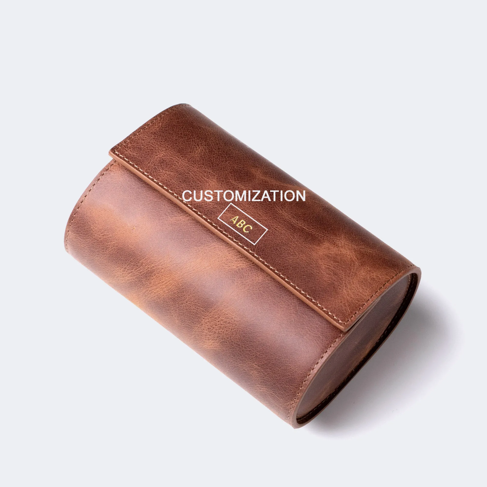 Leather Travel Watch Case - Tobacco - Double Watch Roll