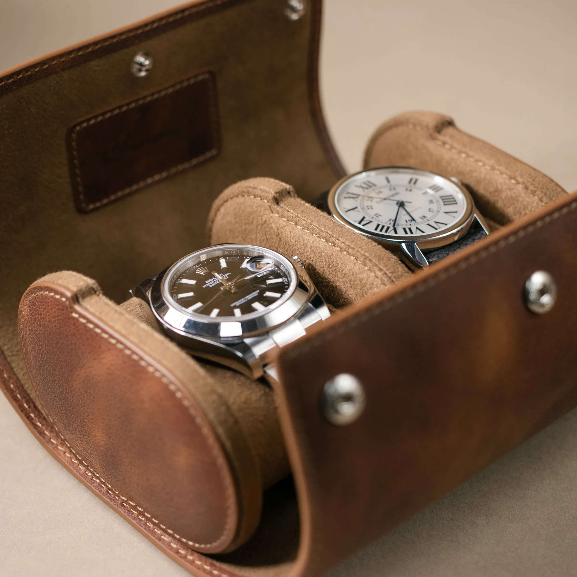 Leather Travel Watch Case - Tobacco - Double Watch Roll