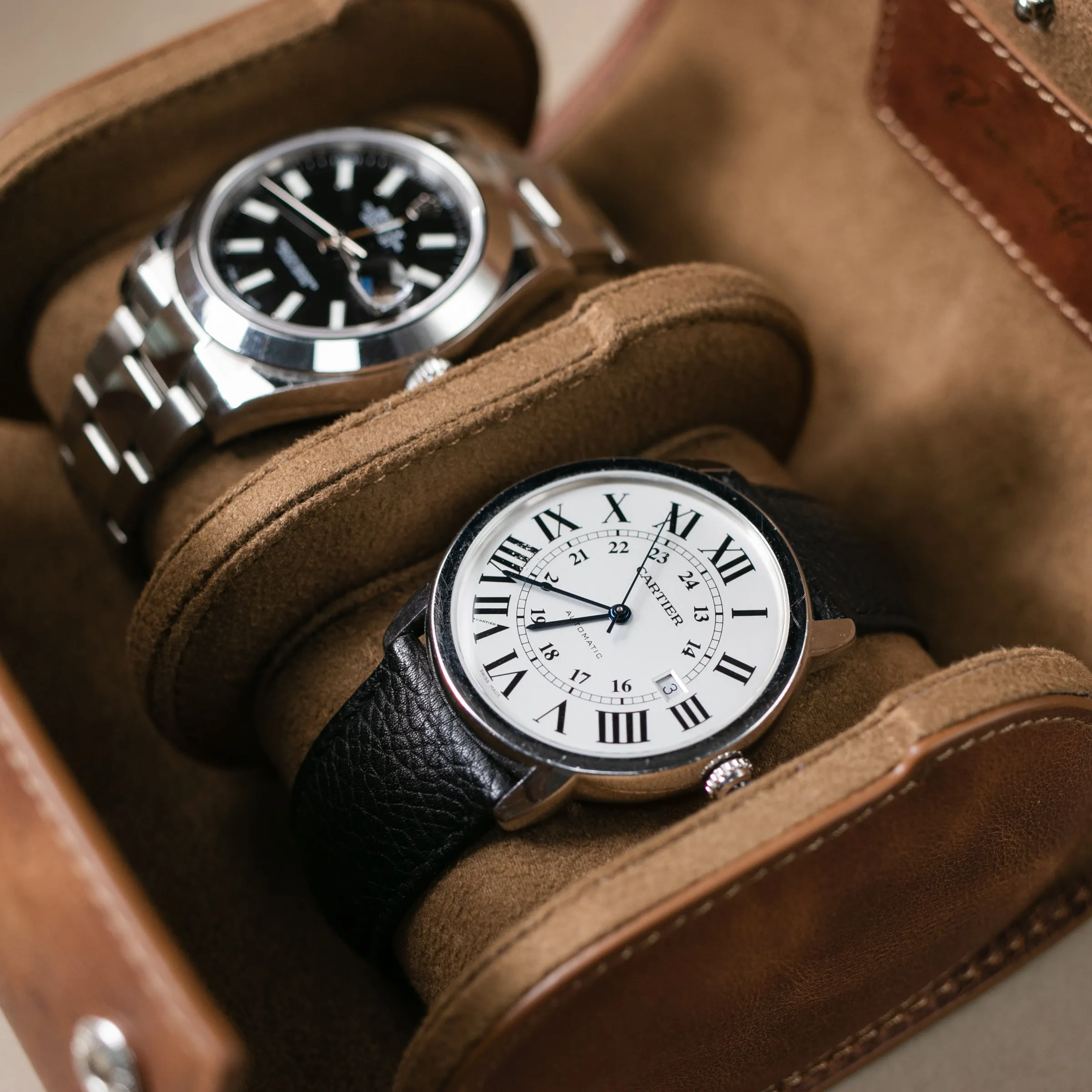 Leather Travel Watch Case - Tobacco - Double Watch Roll