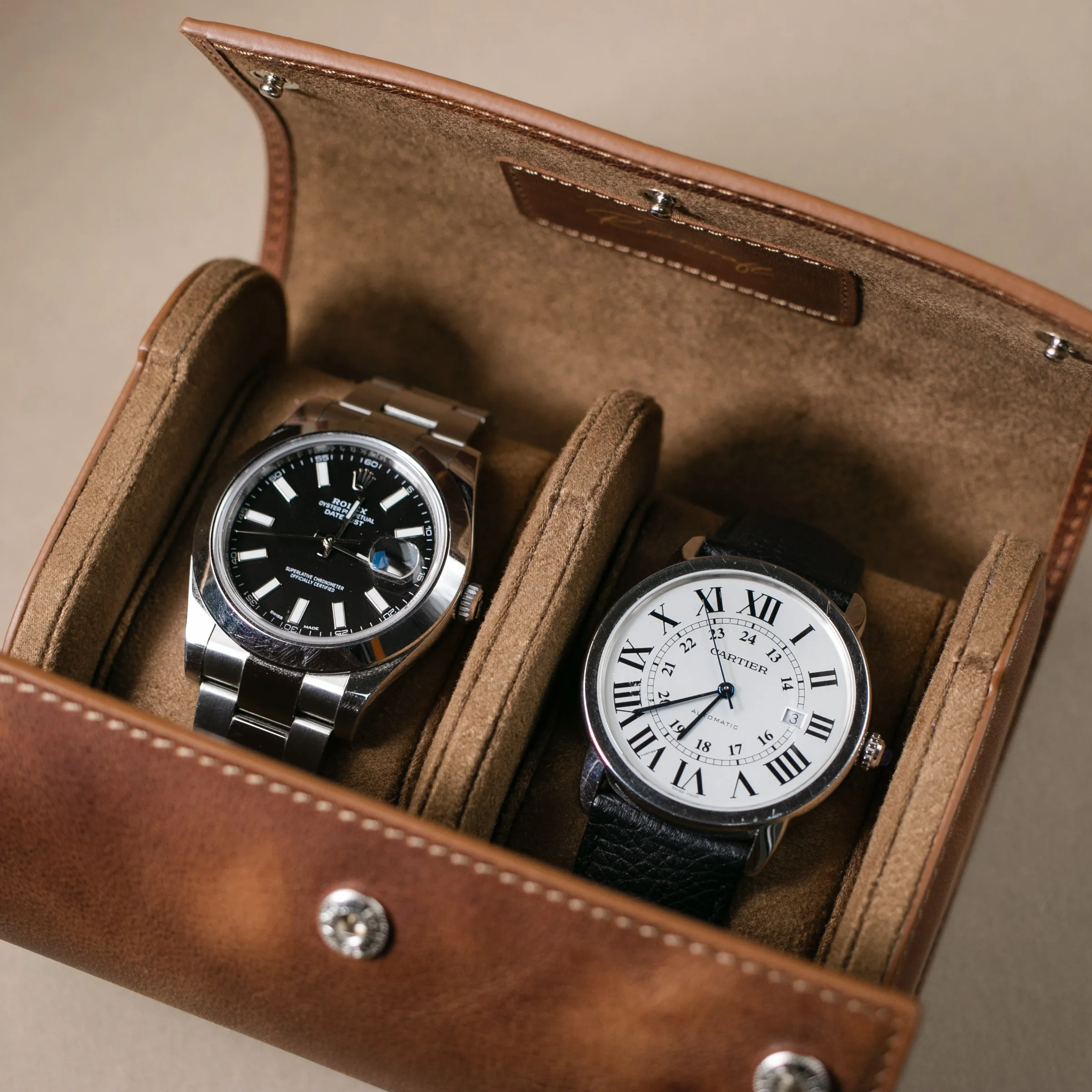 Leather Travel Watch Case - Tobacco - Double Watch Roll