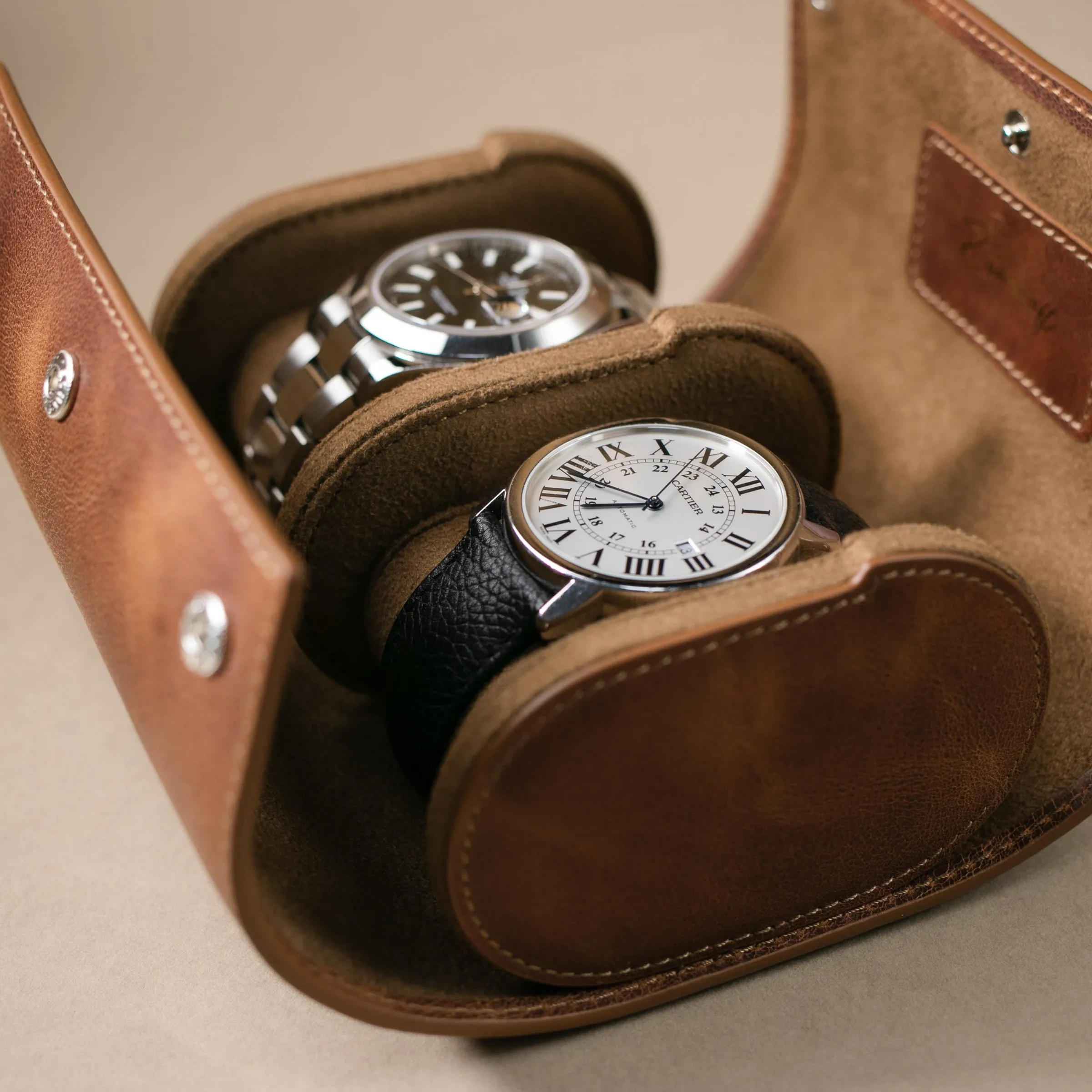 Leather Travel Watch Case - Tobacco - Double Watch Roll