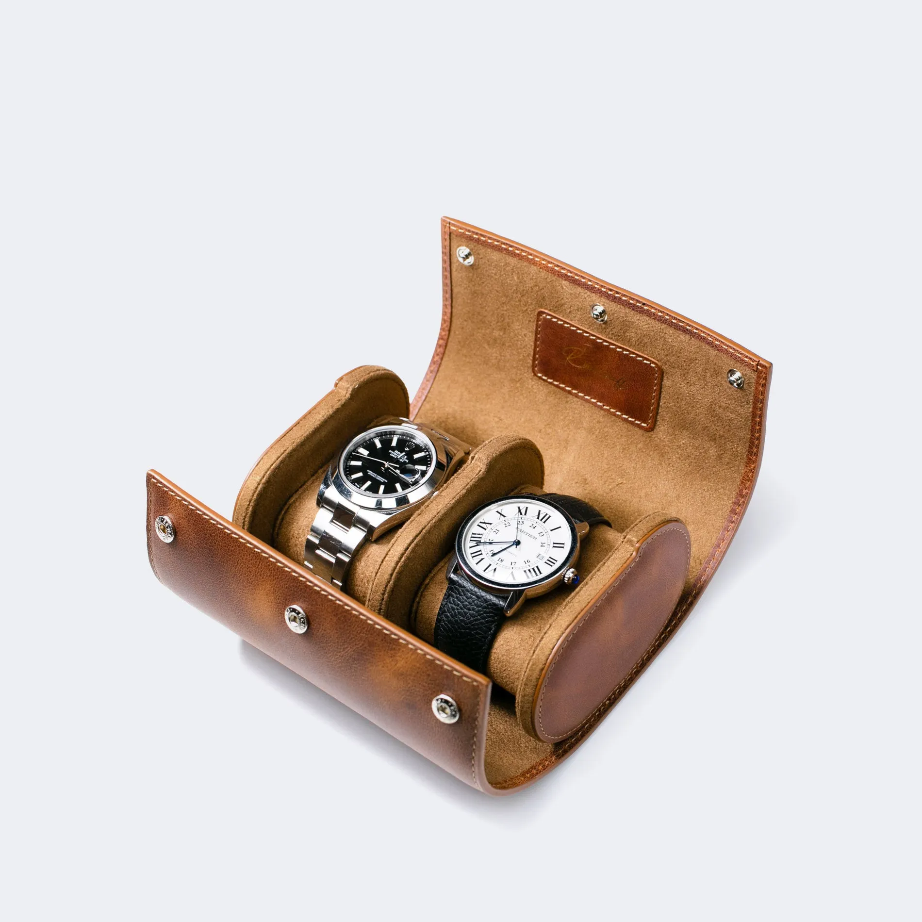 Leather Travel Watch Case - Tobacco - Double Watch Roll