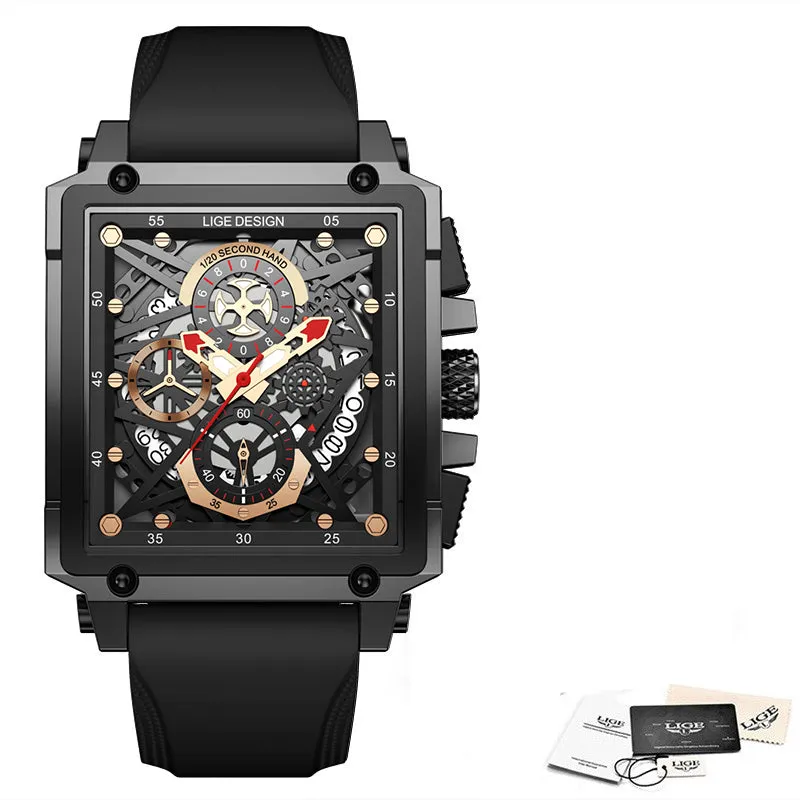 LIGE Men's Waterproof Quartz Square Watches For Men