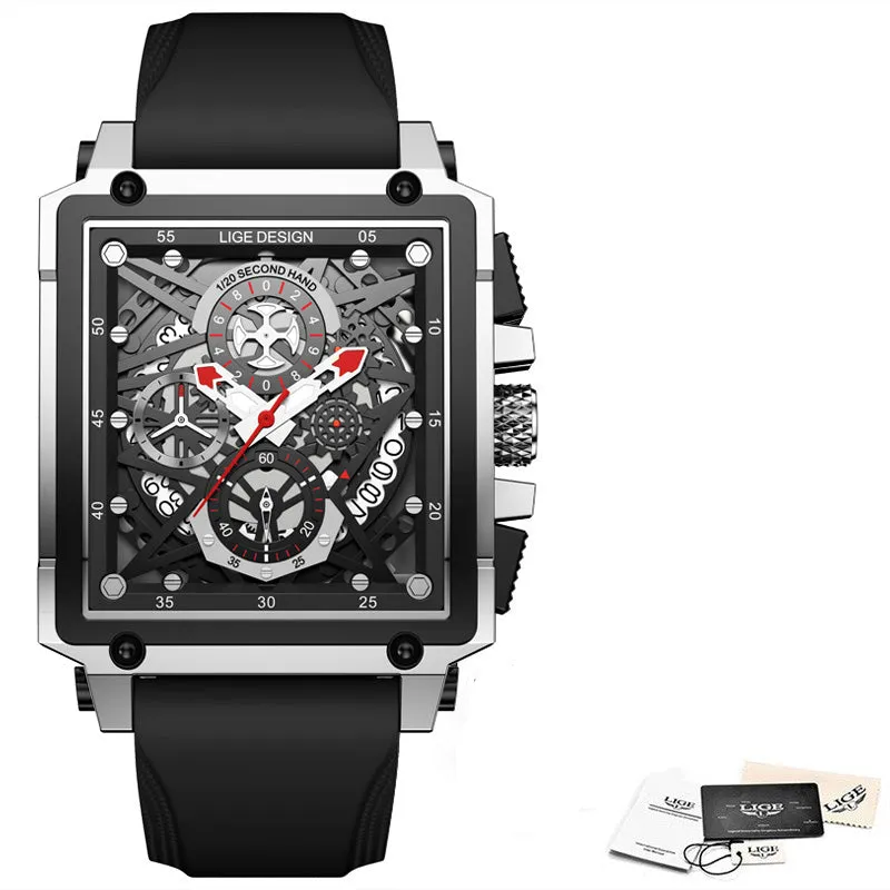 LIGE Men's Waterproof Quartz Square Watches For Men
