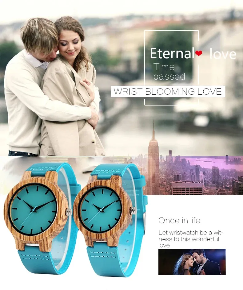 Luxurious Royal Blue Wooden Watch Quartz Wristwatch 100% Natural Bamboo Fashion Leather Band Makes great Gift