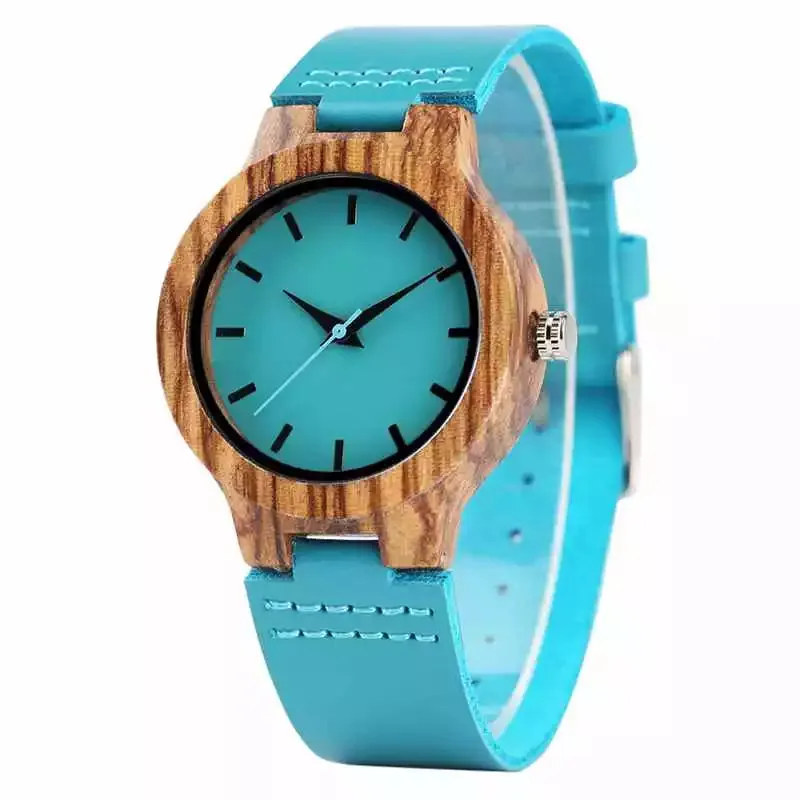 Luxurious Royal Blue Wooden Watch Quartz Wristwatch 100% Natural Bamboo Fashion Leather Band Makes great Gift