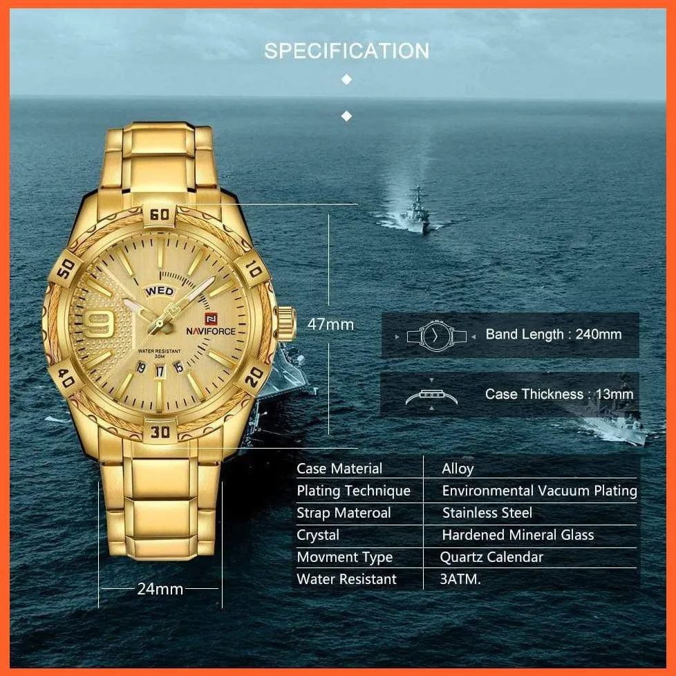 Luxury Brand Mens Sport Watch Gold Full Steel Quartz | Watches Men Date Waterproof Military Wristwatches
