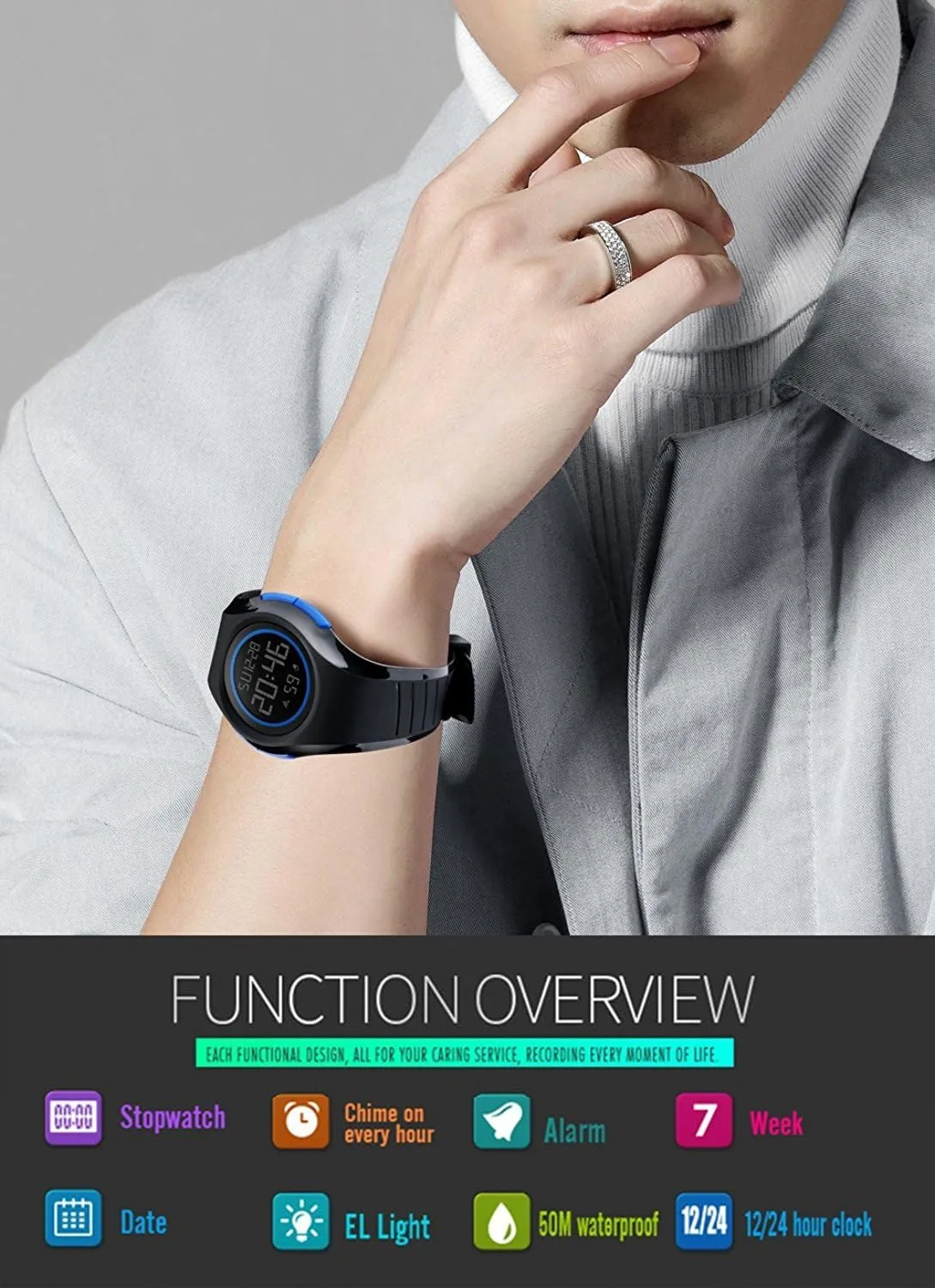 MASTOP Men's Womens Cool Black Resin Strap Digital Sports Watch with Waterproof Stopwatch