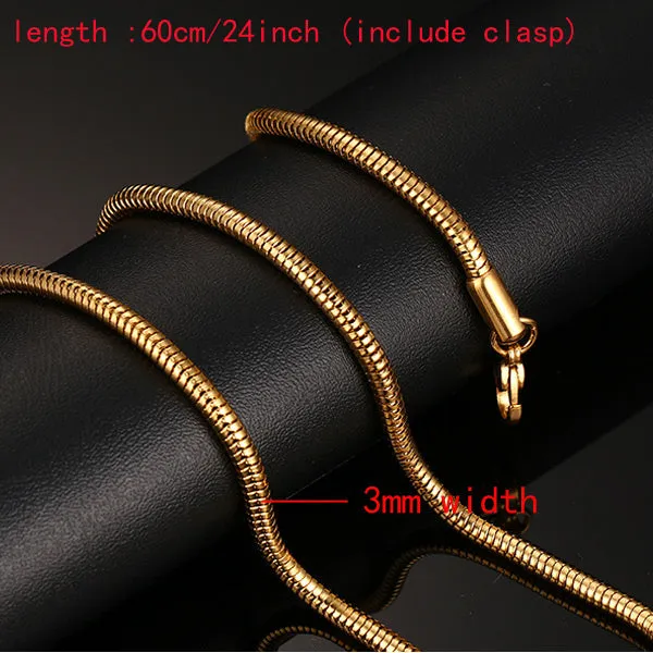 Meaeguet Classic Men's Stainless Steel Snake/Box/Hanging/Curb/Flat/Twist Chain 24inch Gold-Color Long Necklace Wide 3mm/6mm