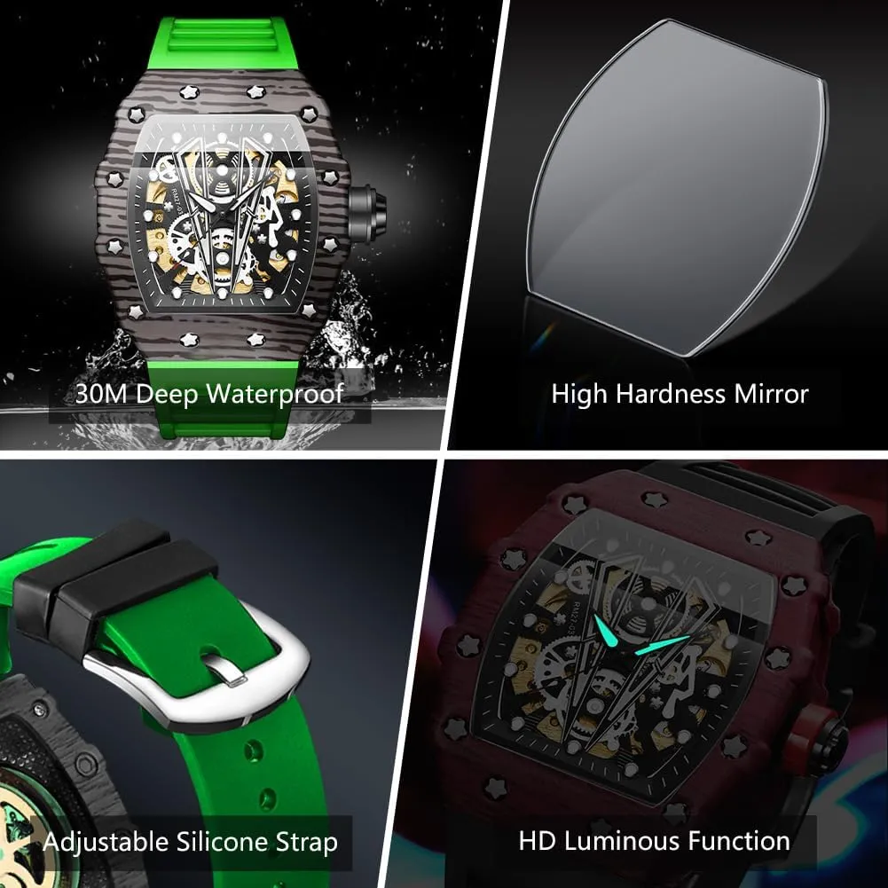 Men's Automatic Watches Square Skeleton Mechanical Self Winding Fashion Dress Silicone Band Male Wrist Watch Waterproof Luminous
