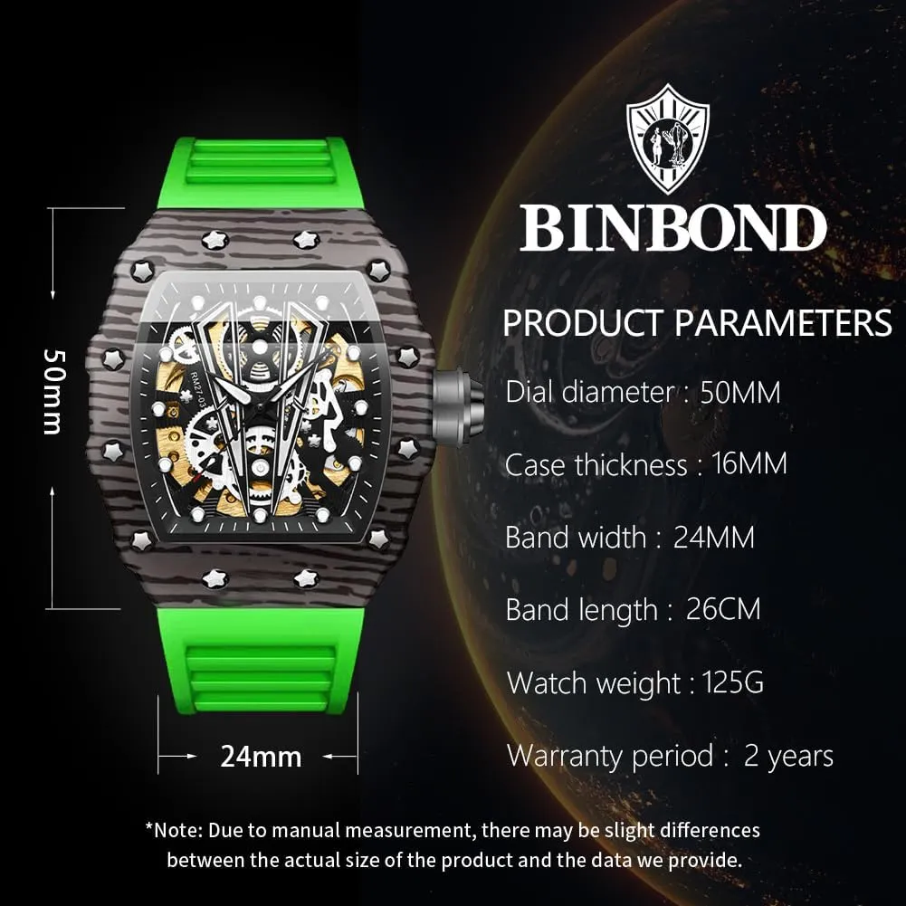 Men's Automatic Watches Square Skeleton Mechanical Self Winding Fashion Dress Silicone Band Male Wrist Watch Waterproof Luminous
