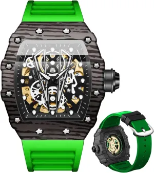 Men's Automatic Watches Square Skeleton Mechanical Self Winding Fashion Dress Silicone Band Male Wrist Watch Waterproof Luminous