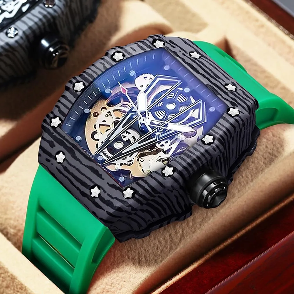 Men's Automatic Watches Square Skeleton Mechanical Self Winding Fashion Dress Silicone Band Male Wrist Watch Waterproof Luminous