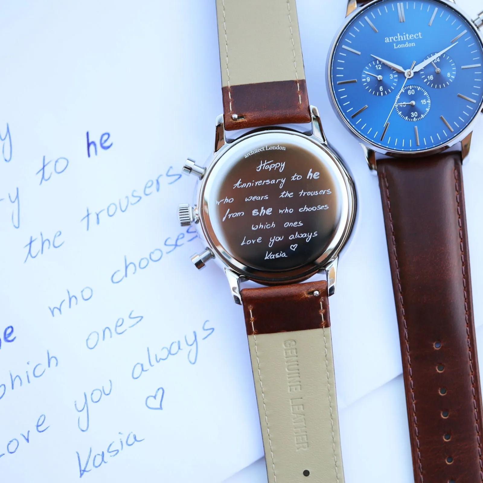 Men's Handwriting Engraved Watch - Architect Motivator Blue Face