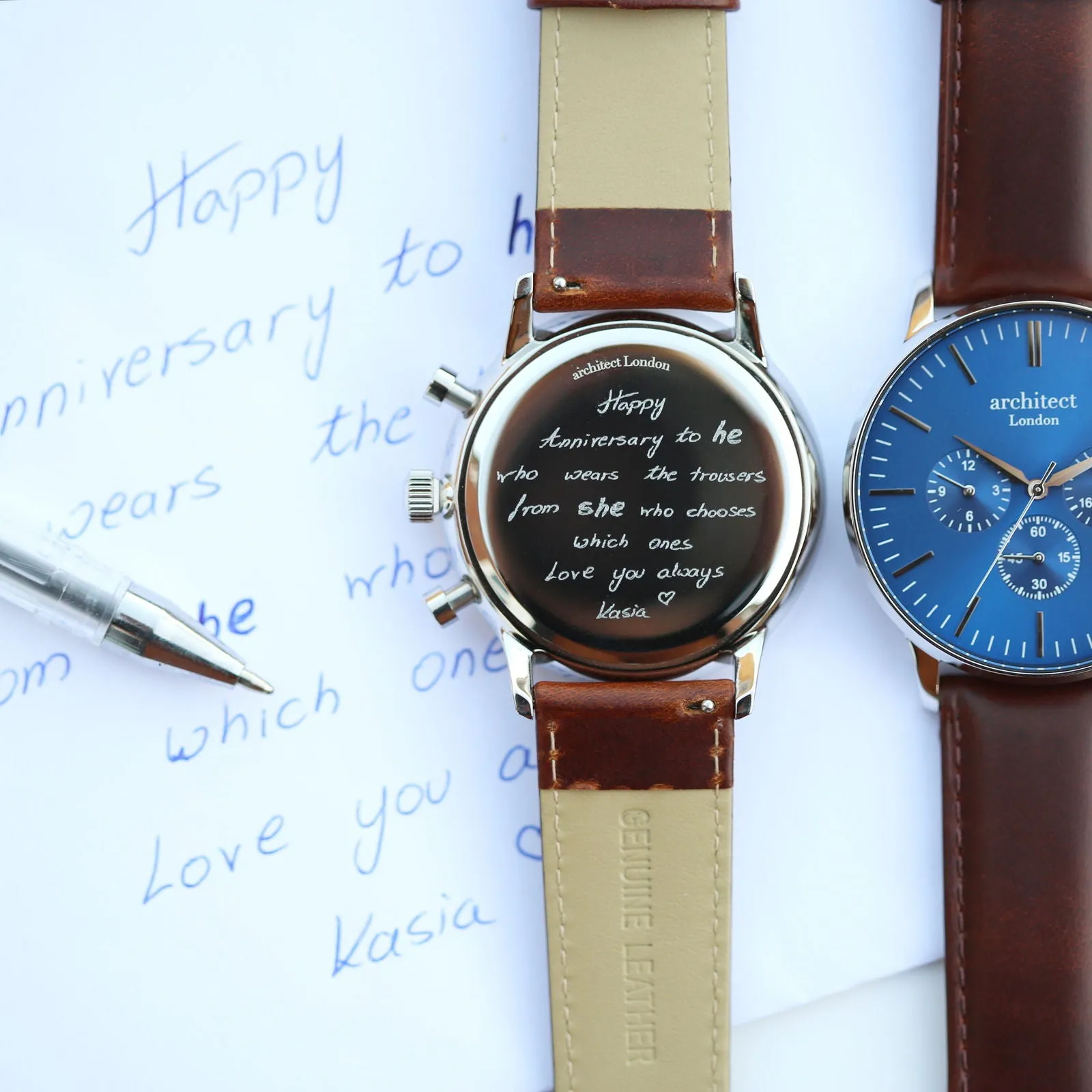 Men's Handwriting Engraved Watch - Architect Motivator Blue Face
