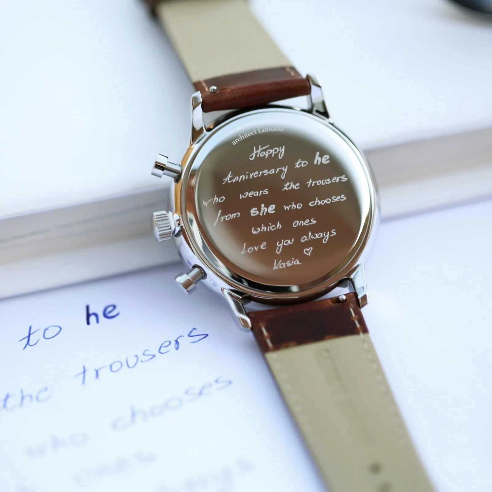 Men's Handwriting Engraved Watch - Architect Motivator Blue Face