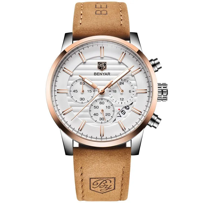 Men's Three Subdials Leather Strap Watches