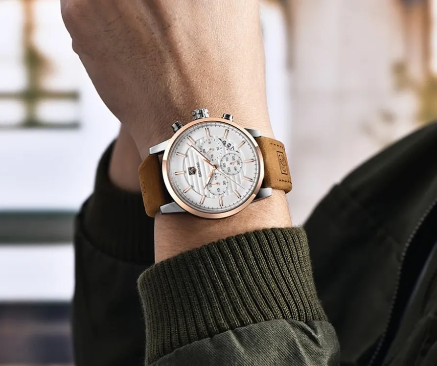 Men's Three Subdials Leather Strap Watches