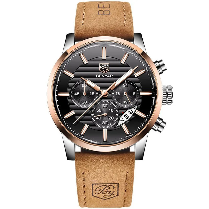 Men's Three Subdials Leather Strap Watches