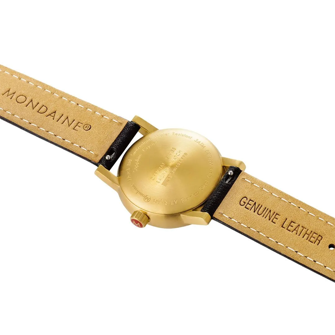 MONDAINE EVO2 30mm, PETIT GOLD CASE BLACK LEATHER WATCH MSE.30120.LB
