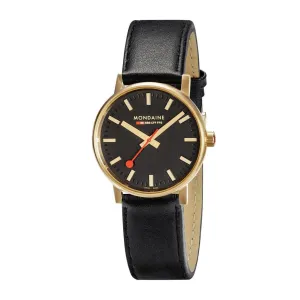 MONDAINE EVO2 30mm, PETIT GOLD CASE BLACK LEATHER WATCH MSE.30120.LB