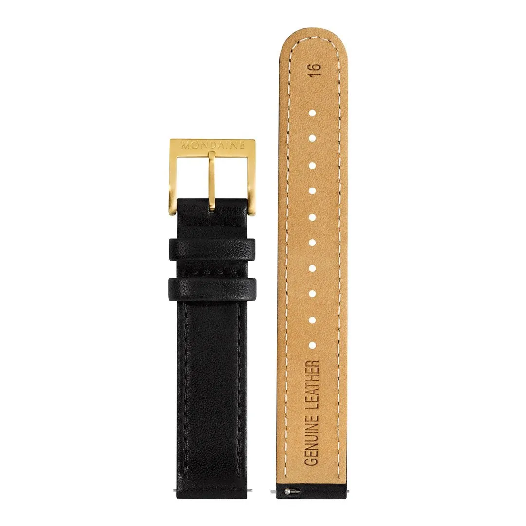 MONDAINE EVO2 30mm, PETIT GOLD CASE BLACK LEATHER WATCH MSE.30120.LB