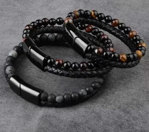 Natural Stone Leather Black Bracelet