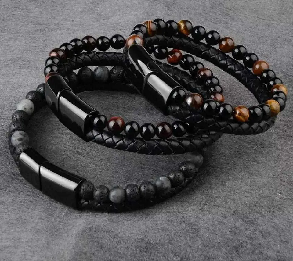 Natural Stone Leather Black Bracelet