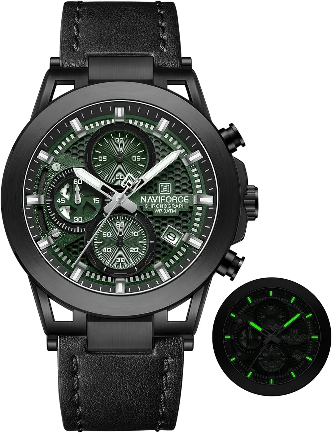 NAVIFORCE Men Sport Chronograph Watches,with Calendar Quartz Mens Waterproof Wrist Watches, Genuine Leather Strap,Gifts for Man