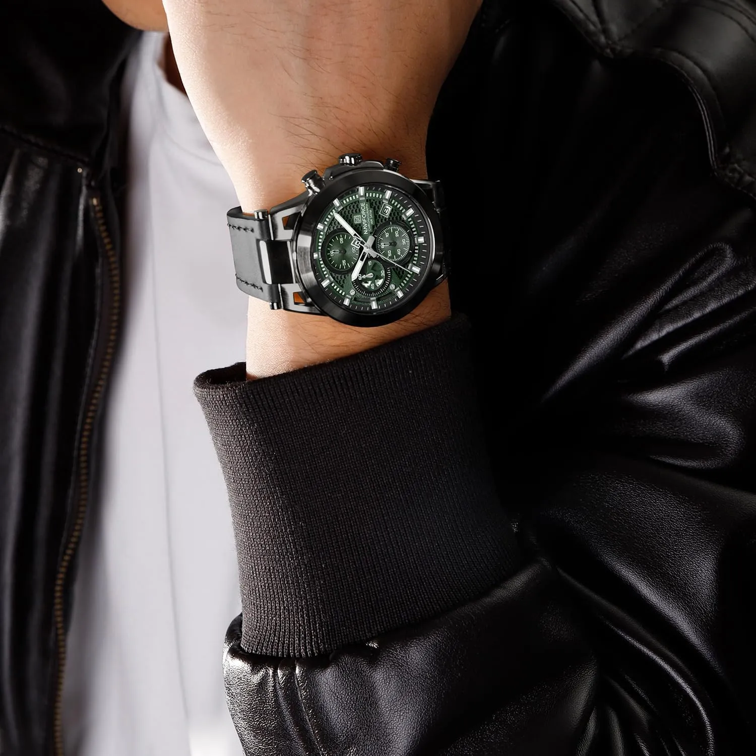 NAVIFORCE Men Sport Chronograph Watches,with Calendar Quartz Mens Waterproof Wrist Watches, Genuine Leather Strap,Gifts for Man
