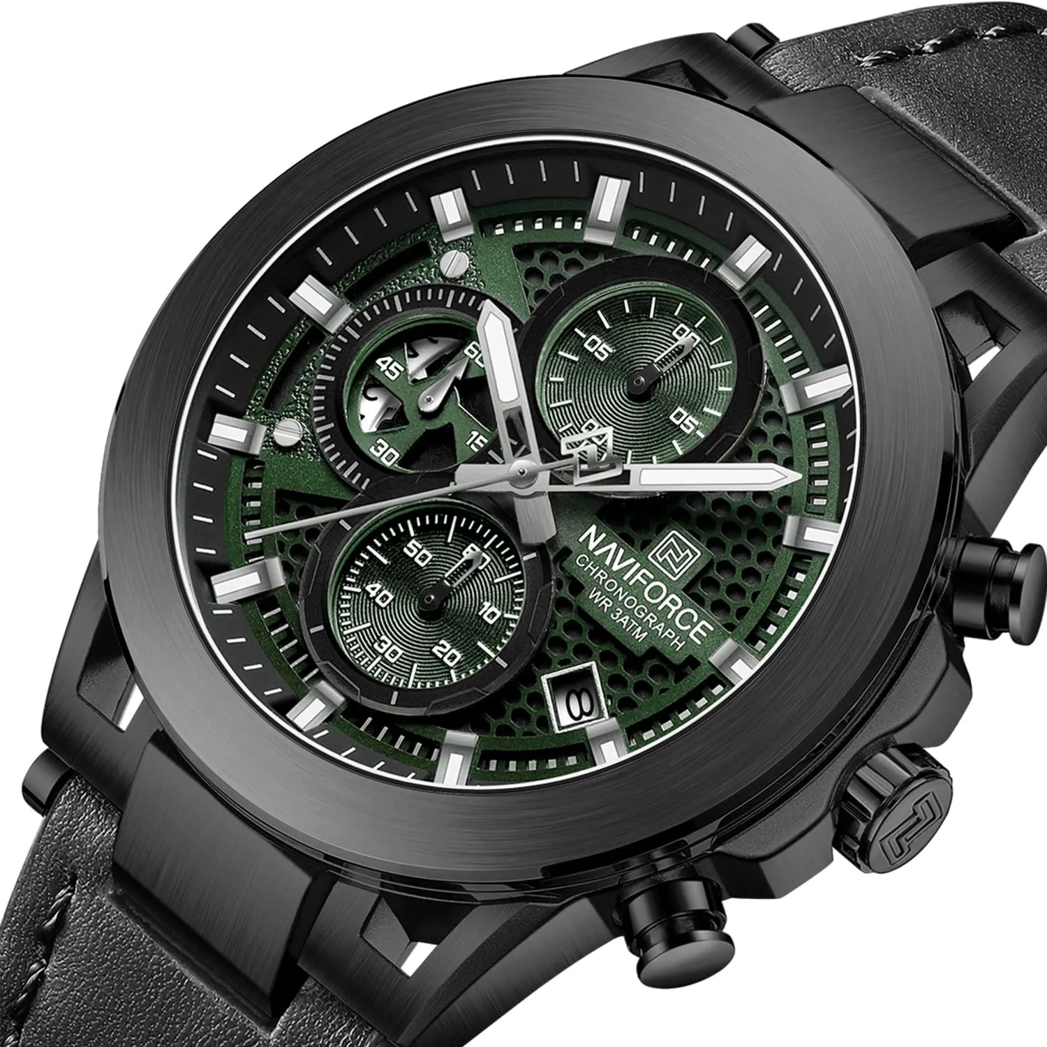 NAVIFORCE Men Sport Chronograph Watches,with Calendar Quartz Mens Waterproof Wrist Watches, Genuine Leather Strap,Gifts for Man
