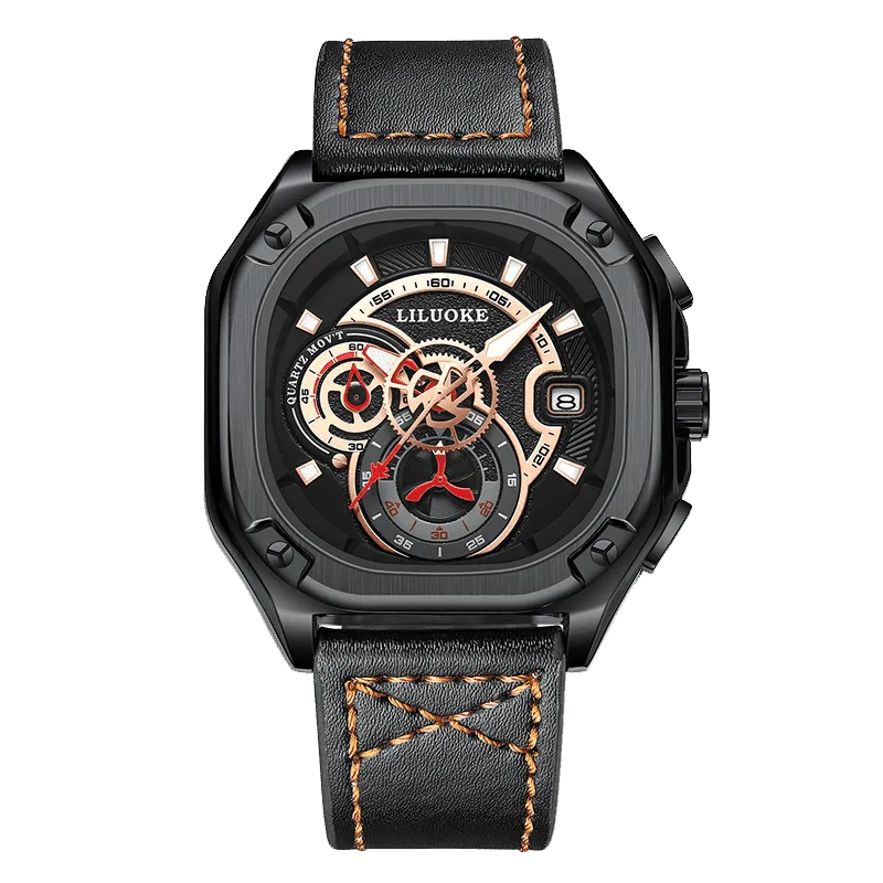 New Brand Men Luxury PU Leather Sport Waterproof Watches Hollow out Luminous Japan movement quartz watch
