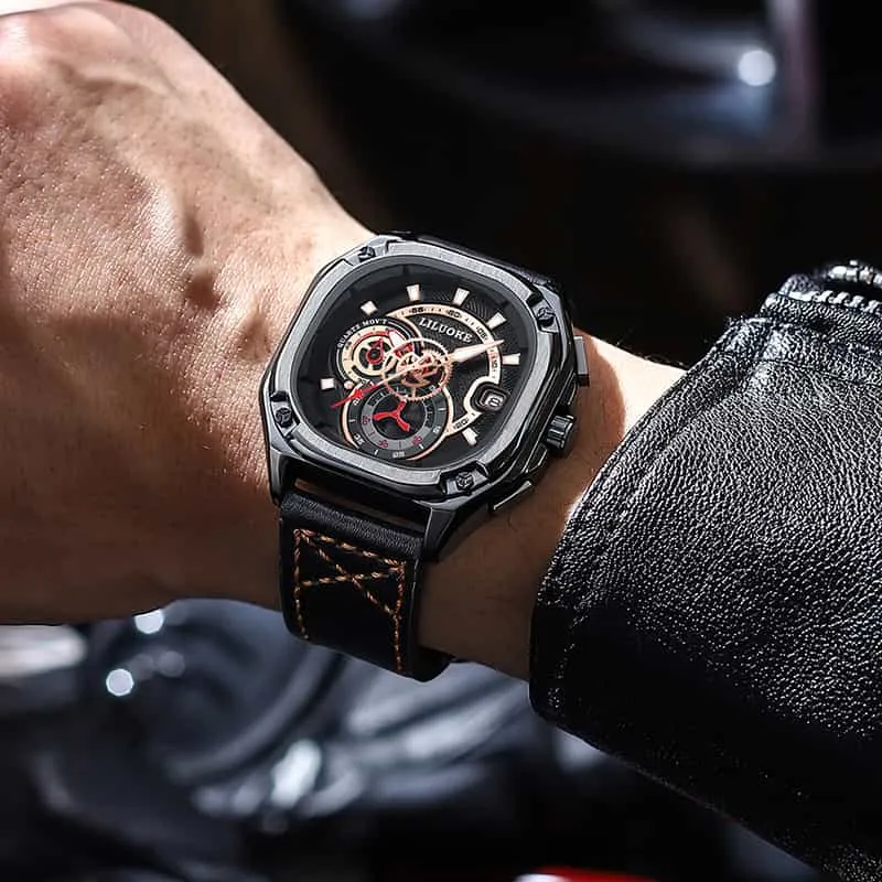New Brand Men Luxury PU Leather Sport Waterproof Watches Hollow out Luminous Japan movement quartz watch