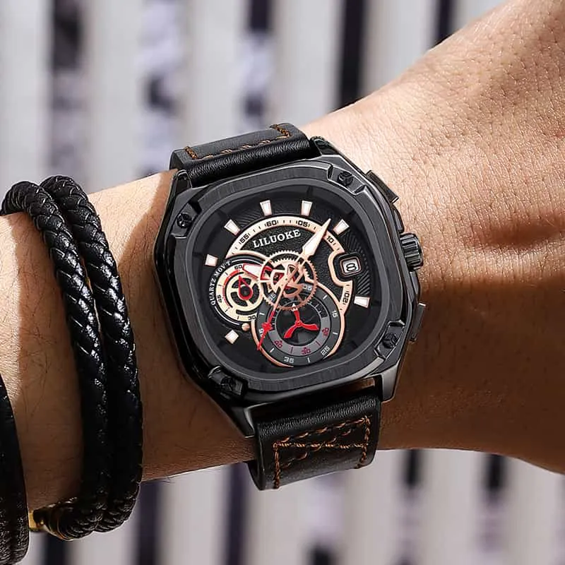 New Brand Men Luxury PU Leather Sport Waterproof Watches Hollow out Luminous Japan movement quartz watch