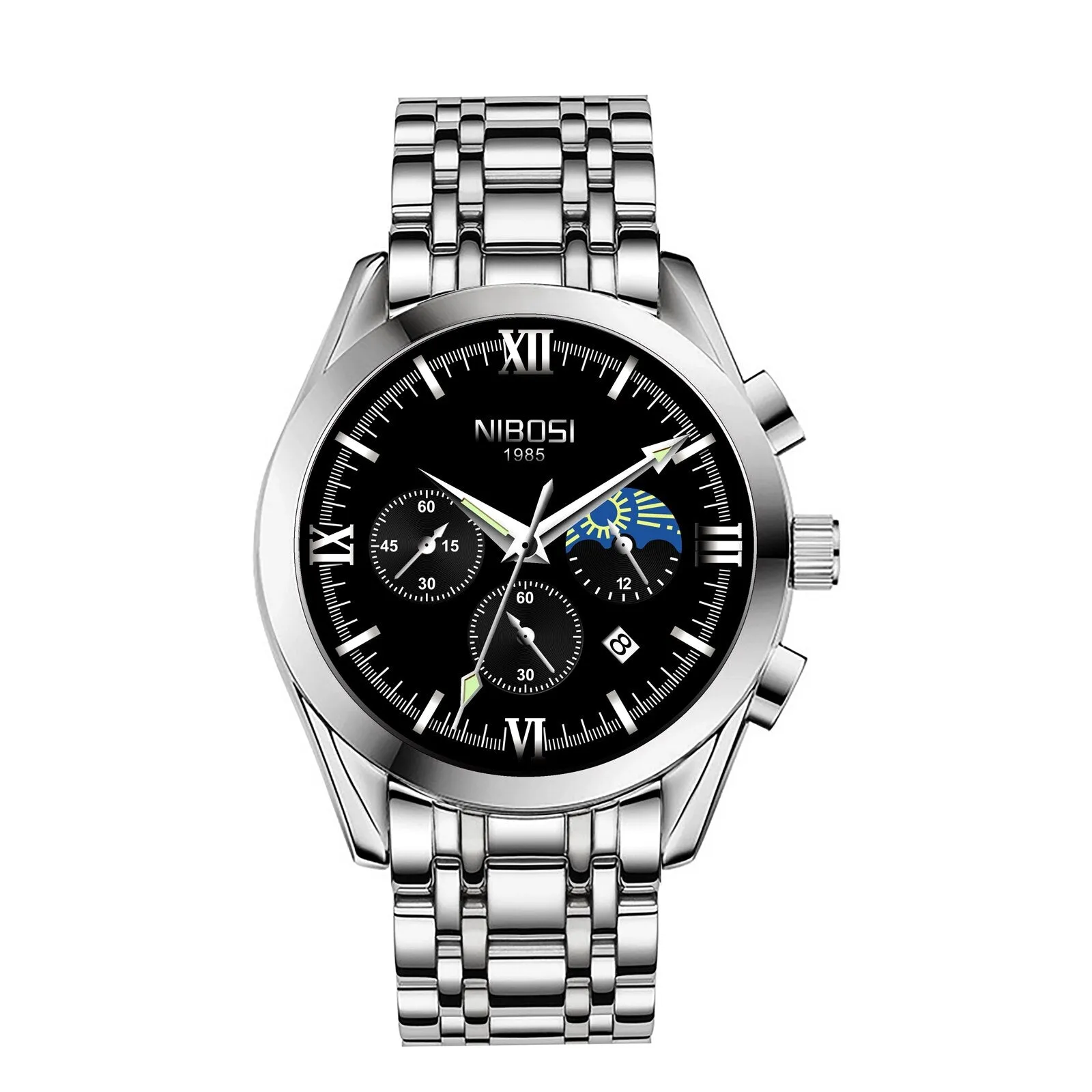 NIBOSI Men&#39;s Black Watches Dial Metal Band Luxury Famous Top Brand Men Fashion Casual Dress Military Quartz Silver Wristwatches