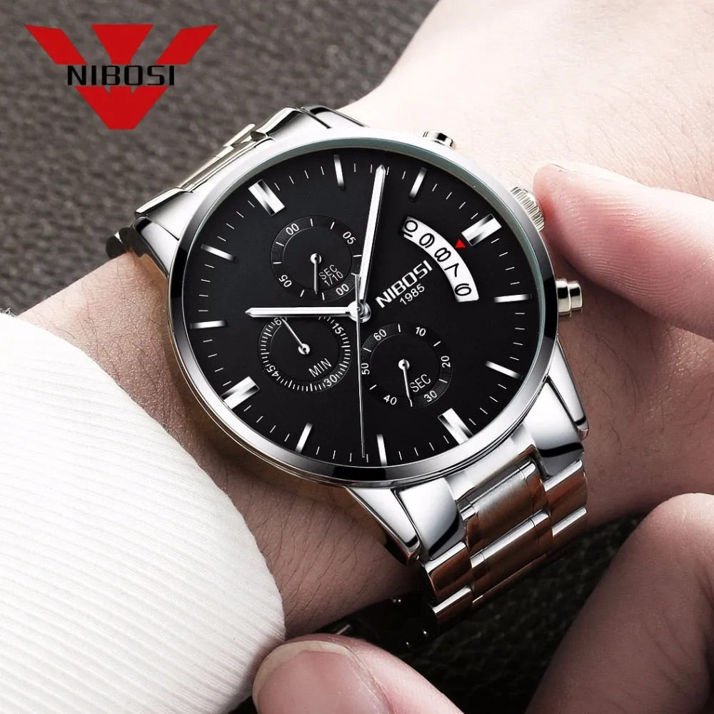 NIBOSI Men&#39;s Black Watches Dial Metal Band Luxury Famous Top Brand Men Fashion Casual Dress Military Quartz Silver Wristwatches
