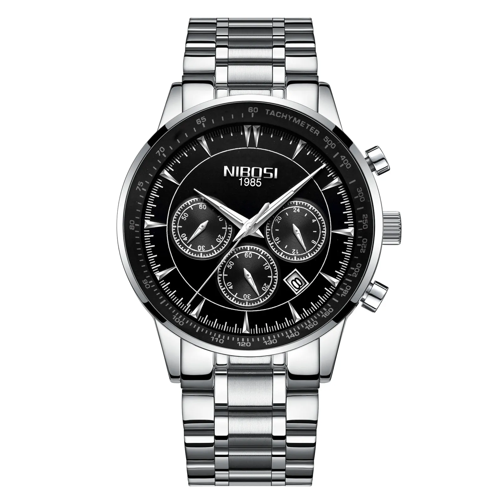 NIBOSI Men&#39;s Black Watches Dial Metal Band Luxury Famous Top Brand Men Fashion Casual Dress Military Quartz Silver Wristwatches