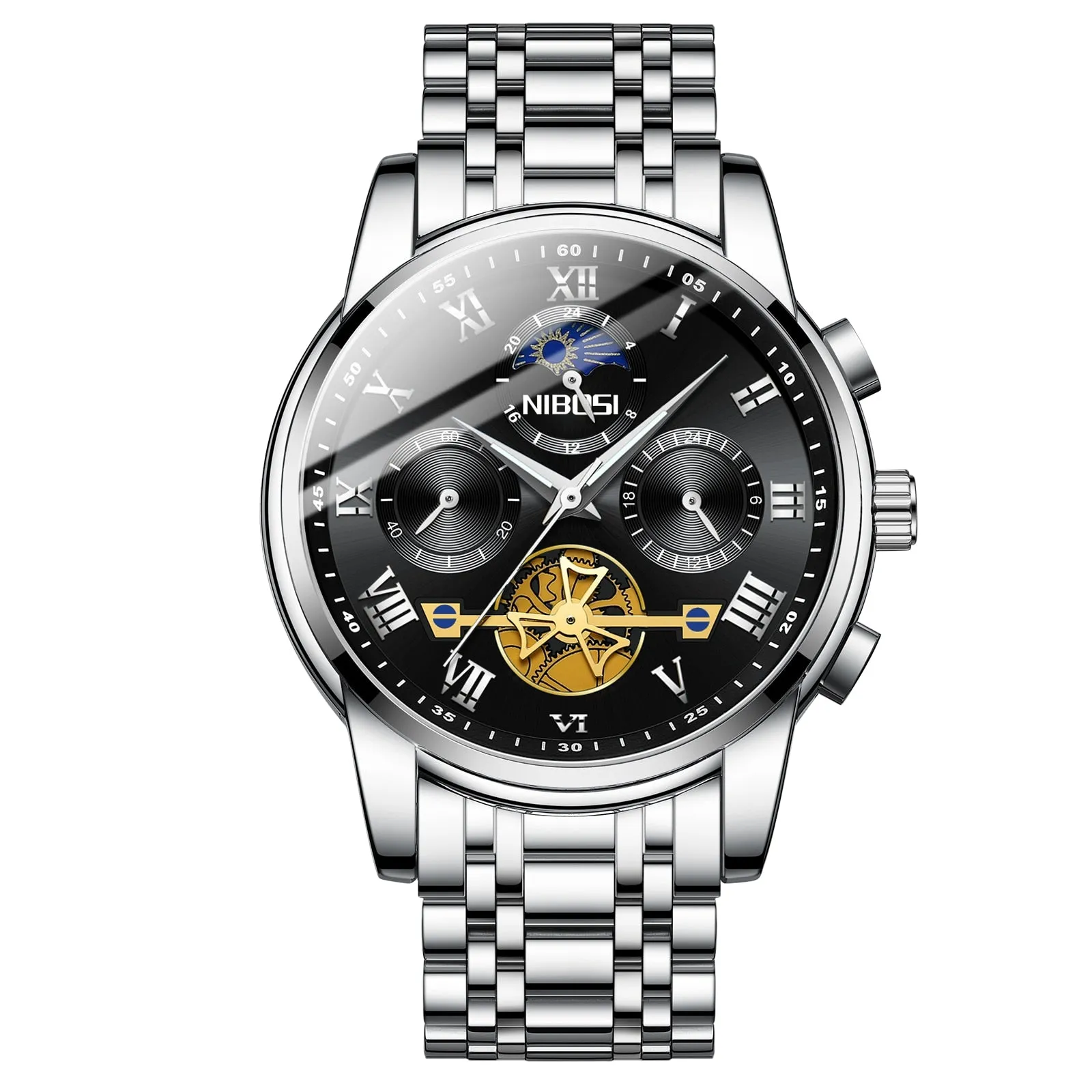 NIBOSI Men&#39;s Black Watches Dial Metal Band Luxury Famous Top Brand Men Fashion Casual Dress Military Quartz Silver Wristwatches