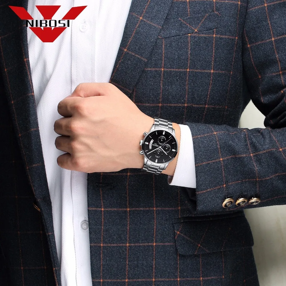 NIBOSI Men&#39;s Black Watches Dial Metal Band Luxury Famous Top Brand Men Fashion Casual Dress Military Quartz Silver Wristwatches